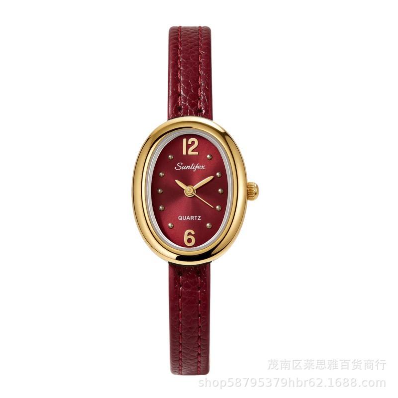 Sunlifex Fashion Oval Quartz Watch Women Leather Strap Ankora Red Luxury Minimalist Style