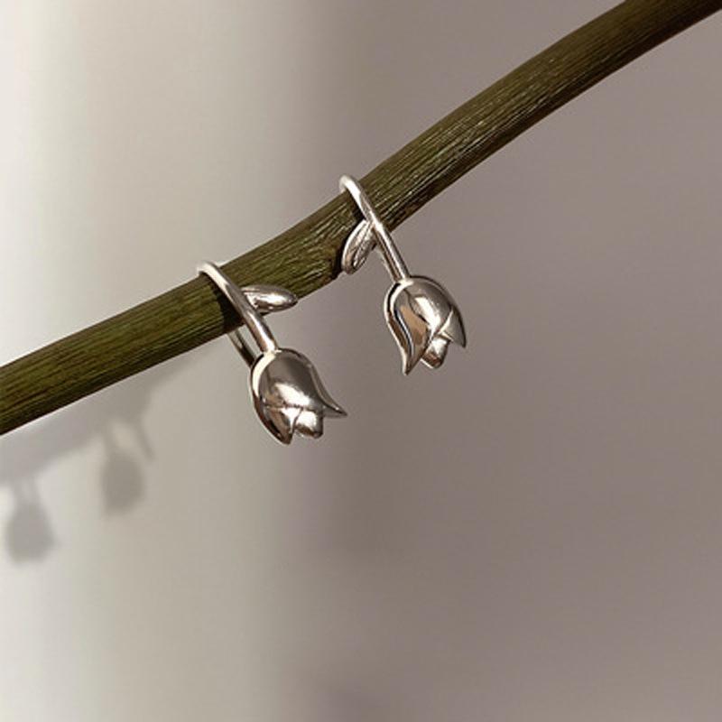Tulip Flower Sterling Silver Stud Earrings - Retro Hong Kong Style for Women 925 Silver