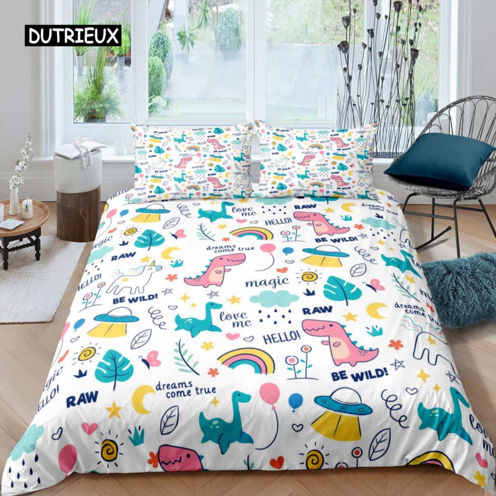 

Пододеяльник с изображением динозавра, милый комплект постельного белья с изображением динозавров и животных из мультфильмов для детей и подростков, двуспальный, размера «king-size», полиэстеровый пододеяльник EU single(135x200cm)