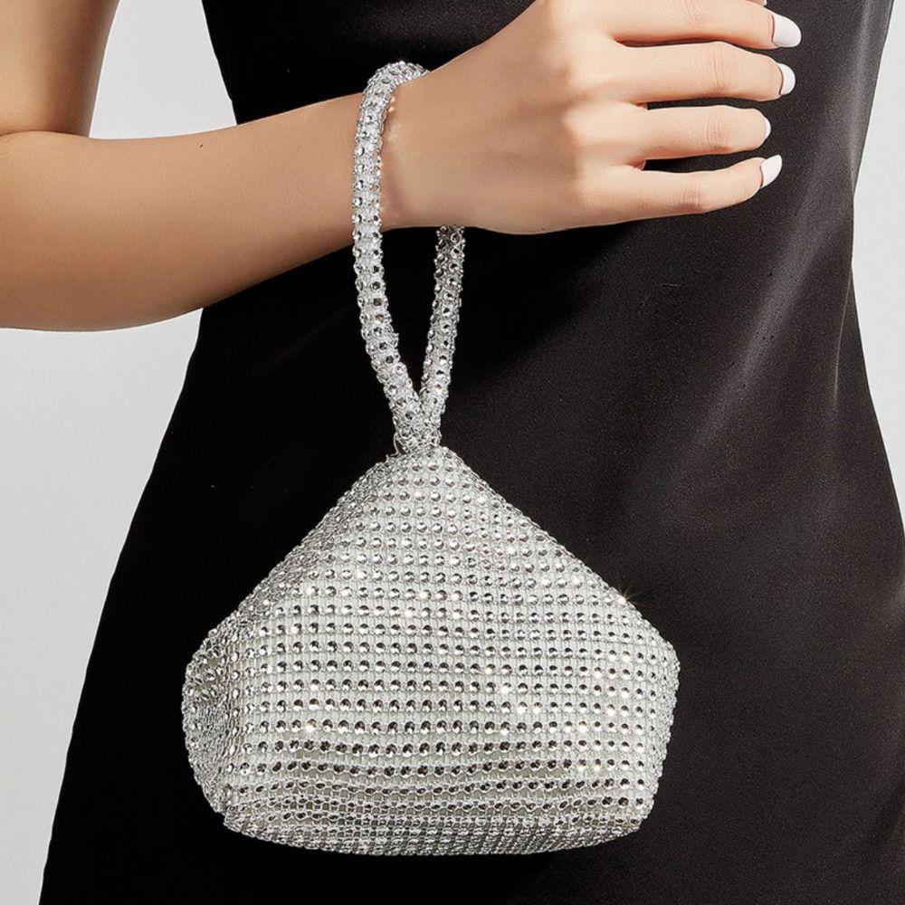 Triangle Design Glitter Imitation Rhinestone Clutch Sparkling Women Handbag Wrist Purse Ladies