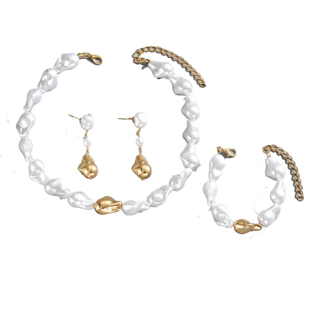 European and American Jewelry Retro Imitation Pearl Baroque Necklace Bracelet Set, Versatile High-end Earrings