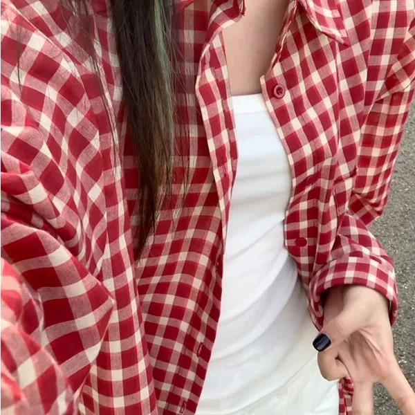 

Retro Red Plaid Shirt Jacket - Autumn 2025 Arrival, Long Sleeve, Loose Fit, Trendy Casual Top 2XL
