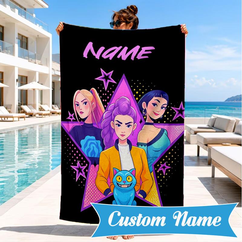 Custom Name Neon Future Heroes KPop Beach Towel Microfiber Beach Towel, Lightweight and Quick-Dry, for Summer Travel, Swimming Pool Gift