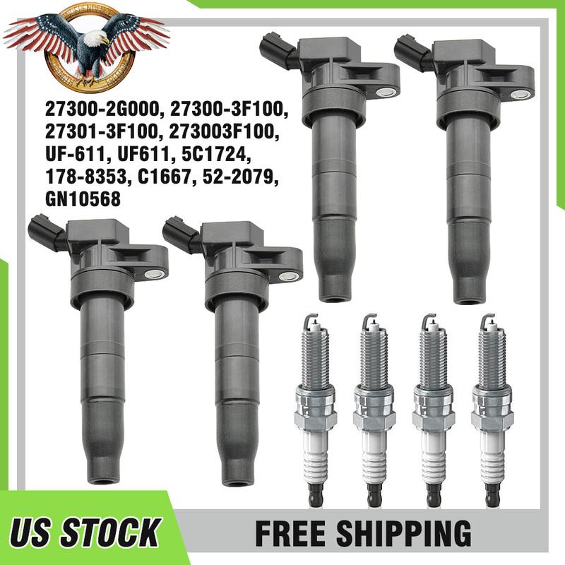 4PC Ignition Coils & 4PC Spark Plugs For Hyundai Genesis Sonata Kia Optima UF611