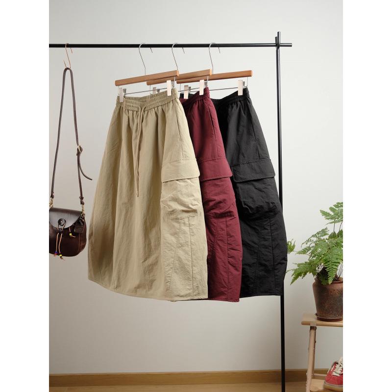 Artistic Japanese Quilted Winter Skirt - Casual Elastic Waist, Solid Color, Drawstring Half Skirt