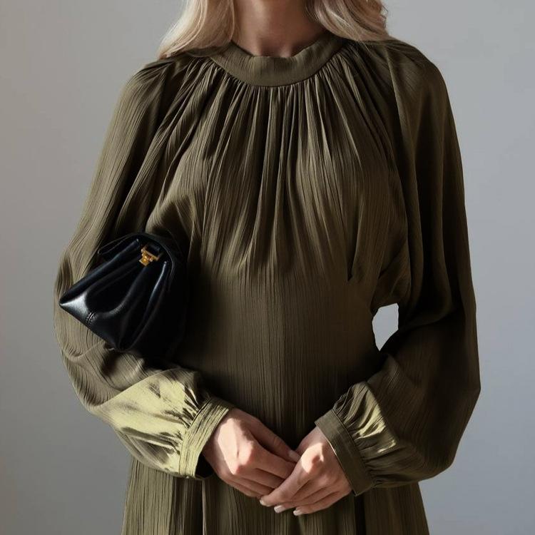 Women's Casual Long Lantern Sleeves Dress Elegant Crew Neck Spring Fall Dress Bohemian Relaxed Fit Solid Color Flowy Maxi Dresses for Women