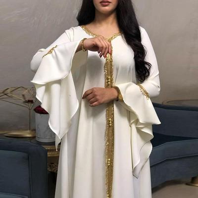 Muslim Clothing Middle East Malay Lotus Leaf Sleeve Embroidered Gold Lace Dress  Muslim Women KTB
