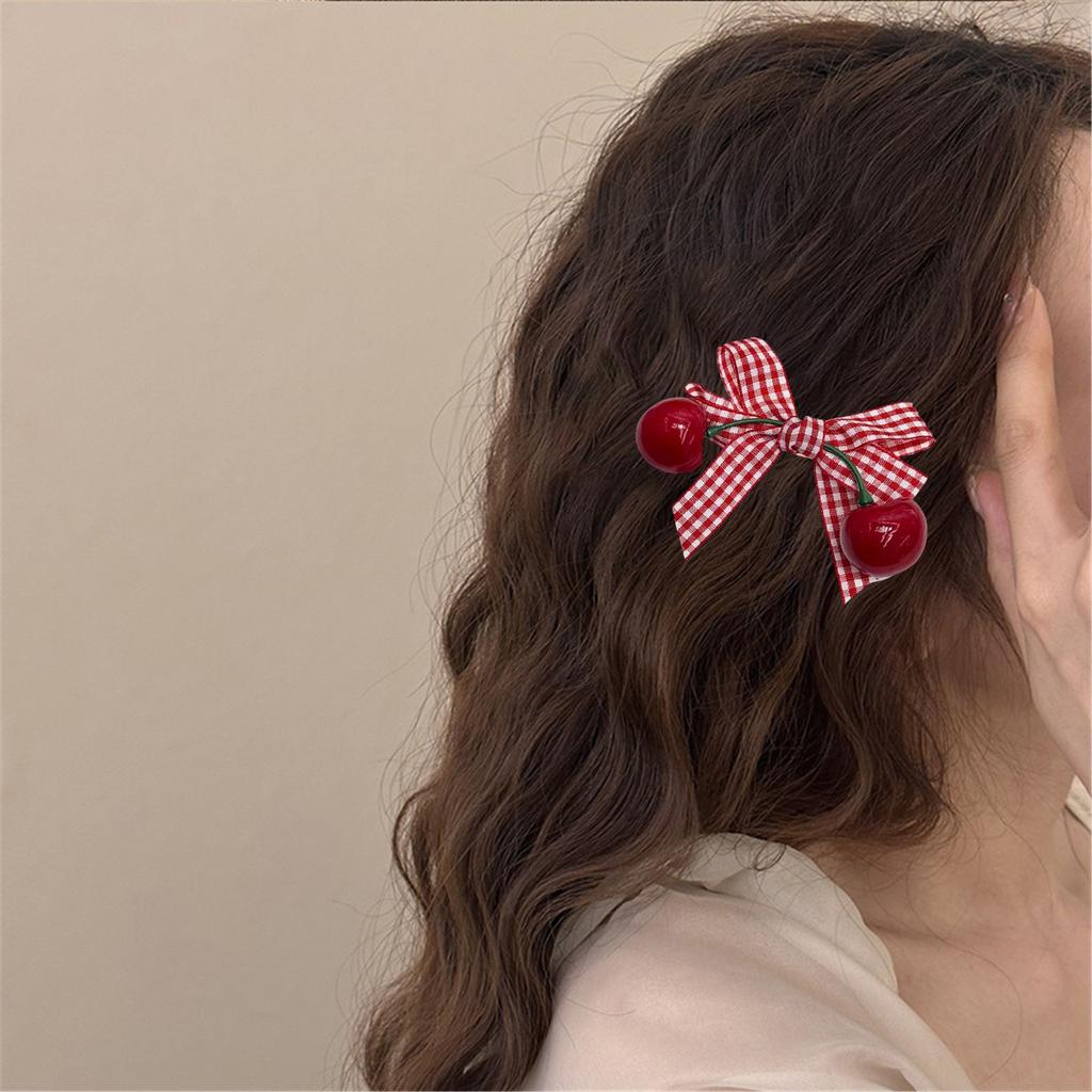 2Pieces Plaid Hair Bows Cherry Pendant Hair Accessories Slip Resistant Side Hairpin for Girls School Event Outfit