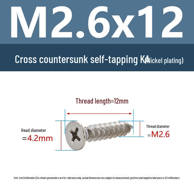 YiguYigu Nickel-Plated Phillips Flat Head Self-Tapping Screws M1-M5, Carbon Steel