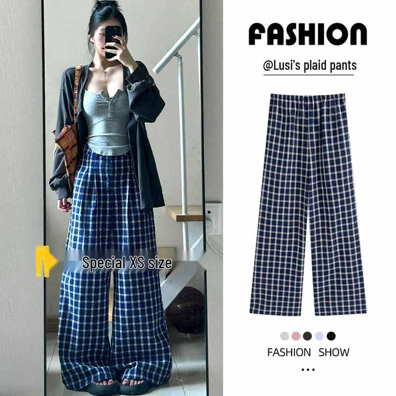 Korean Retro Plaid High Waist Wide Leg Pants for Women - Summer Drapey Straight Leg, Zhao Lusi Style.