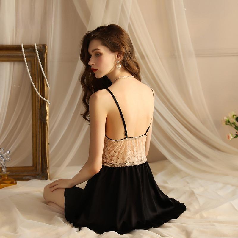 Summer and Autumn Sexy Deep V Lace Satin Perspective Suspended Sleeping Dress