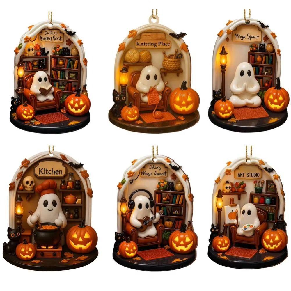 Cute Reading Ghost Halloween Ghost Ornaments 2D Flat Halloween Spooky Decorations Decorative Pendant Party Supplies
