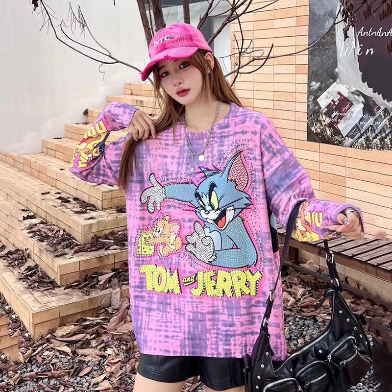 Women's Retro Cartoon Purple Tie-Dye Long Sleeve T-Shirt - 2024 Early Autumn Trend