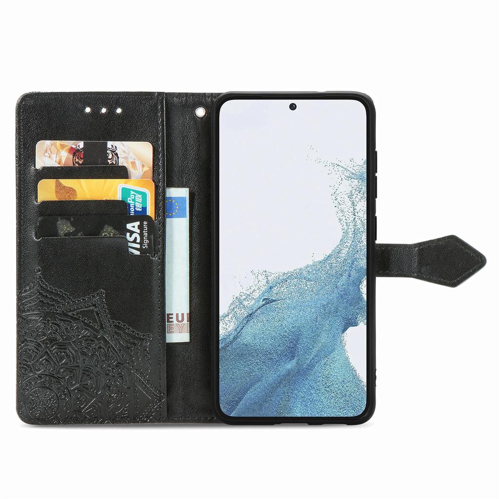 For Samsung Galaxy S23 Mandala Pattern Embossed PU Wallet Folio Case Stand Shockproof Protection Cover with Strap