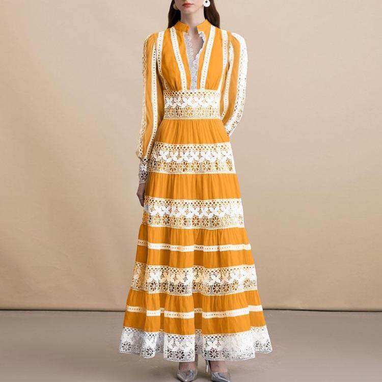 Women Hollow Out A-Line Dress Long Sleeve Stand Collar Fashion Dresses for Women S жёлтый