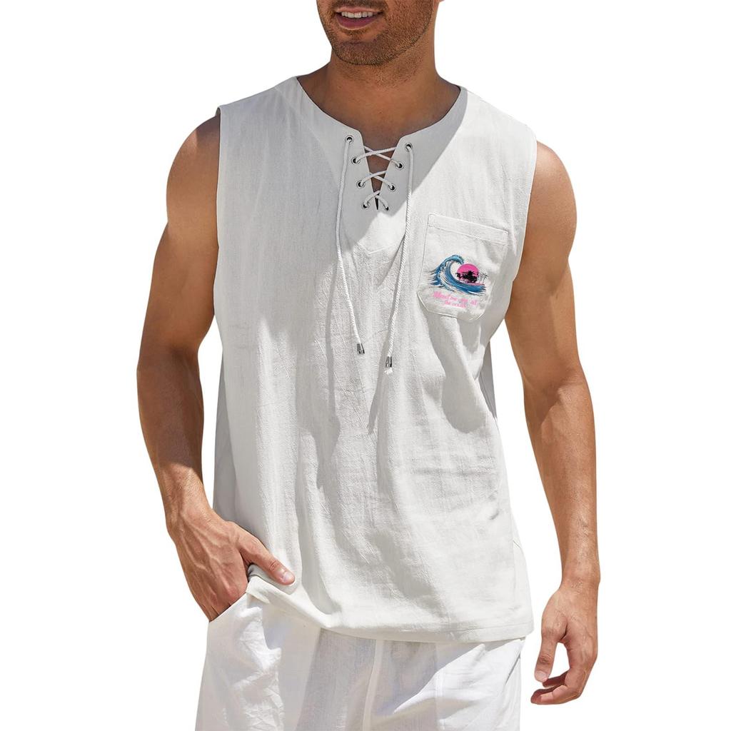 Men's Hawaiian Print Tank Top, Loose Fit Sleeveless Shirt with Adjustable Tie, Casual Beach Summer Top