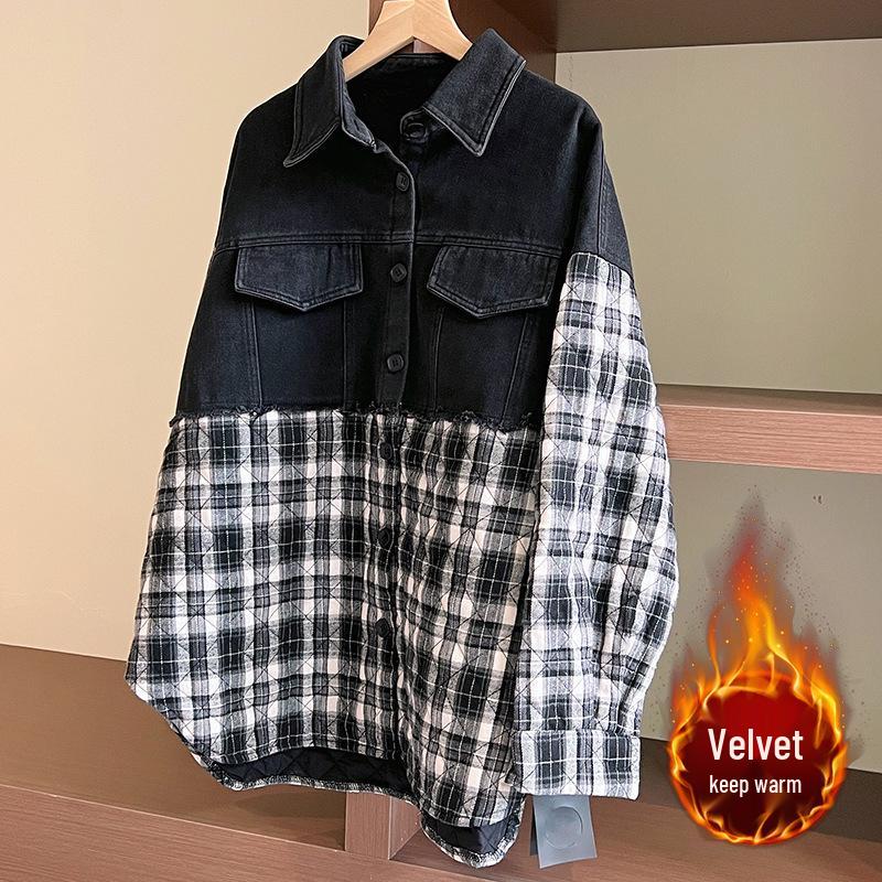 Women's Retro Patchwork Plaid Denim Jacket - Autumn/Winter 2023, Loose Fit, Slimming, Versatile, Plus Velvet Padding.