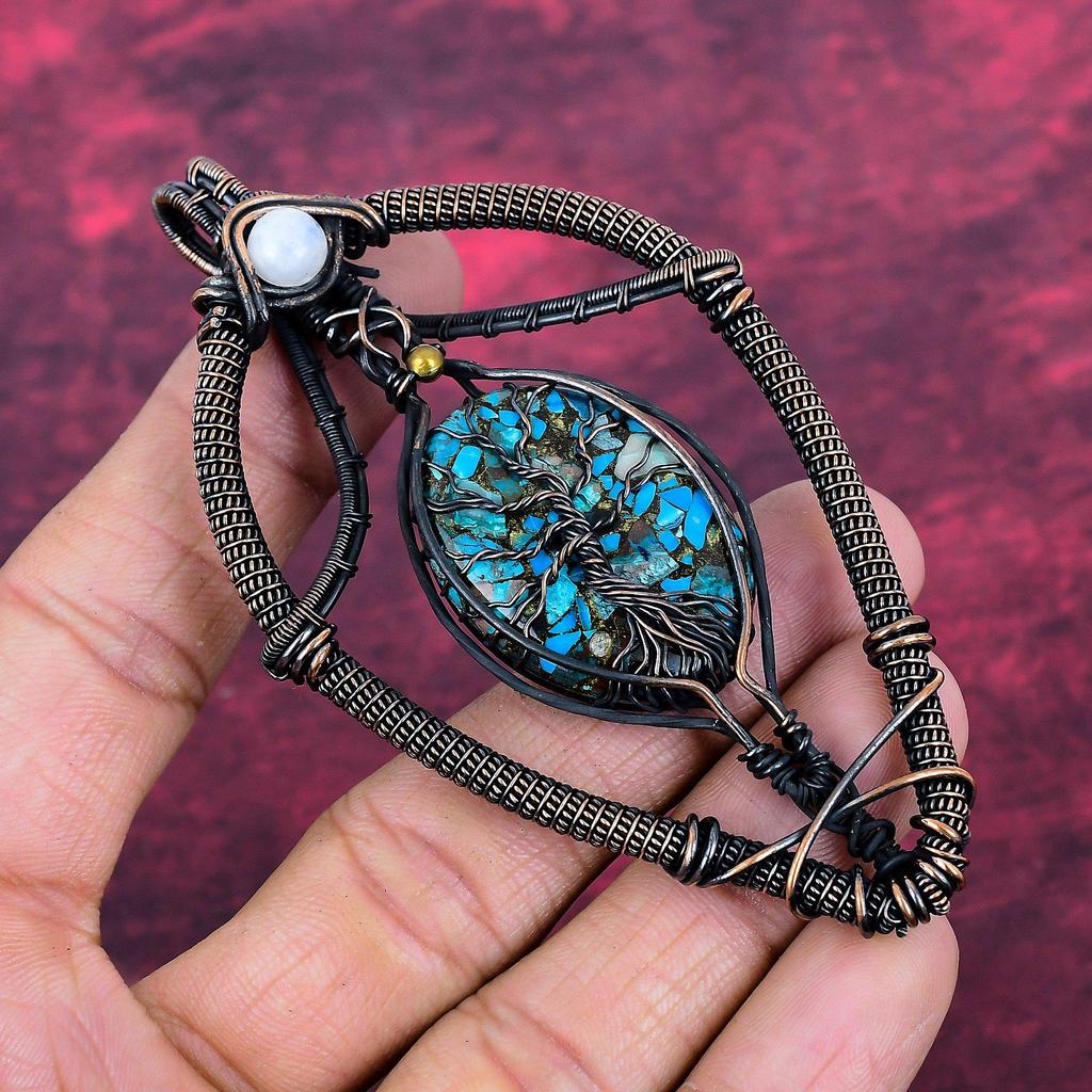 Tree Of Life Copper Chrysocolla Pendant Rainbow Moonstone Pendant Copper Wire Wrapped Jewelry