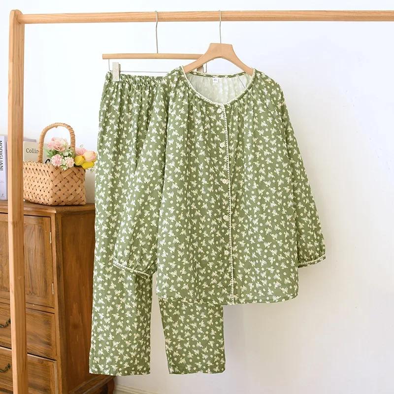2025 Japanese New Women's Spring/Summer Pajama Two Piece Set 100% Cotton Round Neck Cardigan Long Sleeve Pants Home Clothing Set