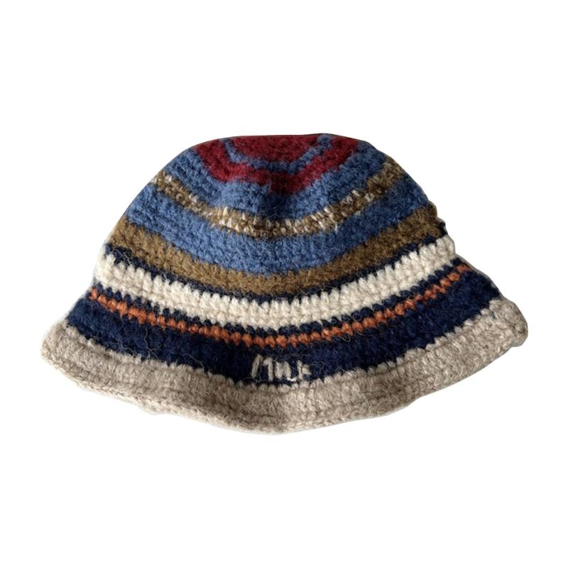 Popular Crochet Stripe Hat Knitting Fisherman Hat Handmade Knit Skull Hat Ins Style Beanies Hat Girls Casual Bucket Hat
