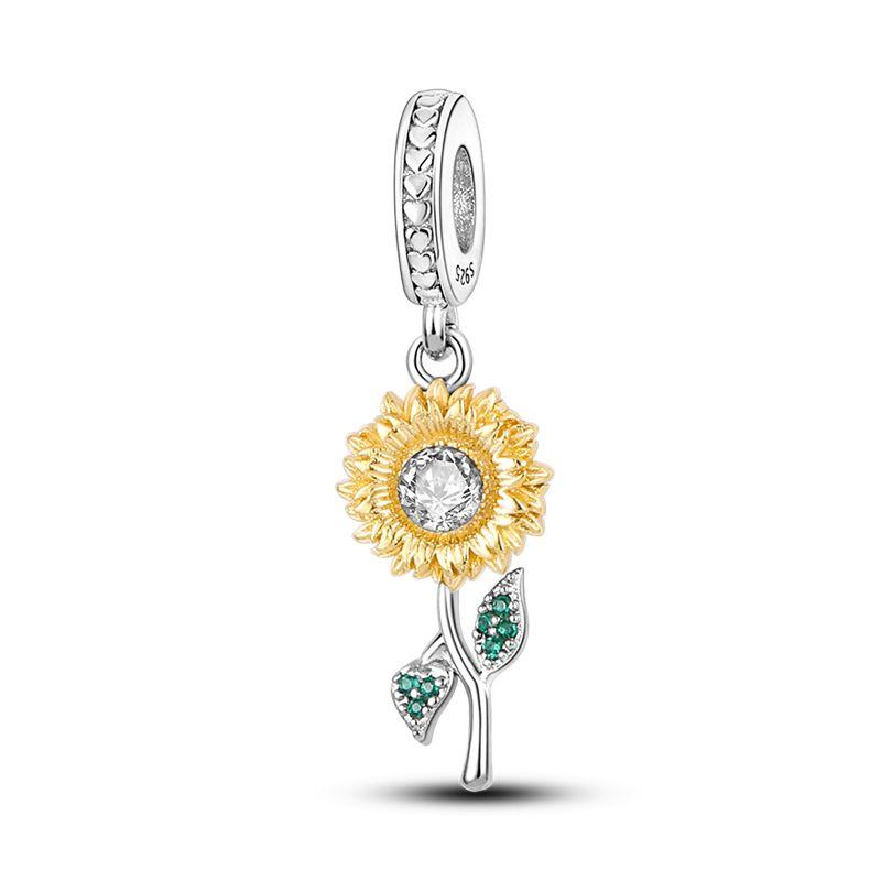 New Yellow Sunflowers Heart Rose Flower Charms 925 Sterling Silver Fits Original Bracelets Women Anniversary DIY Jewelry Charm