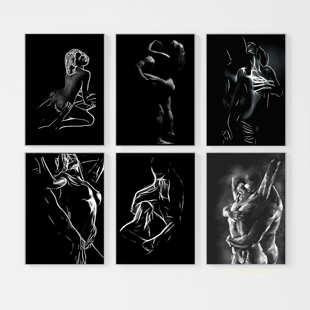 Nordic Canvas Painting Black and White Nude Couple Sexy Body Women Man Wall Art Poster Print Wall Picture for Room Home Decor