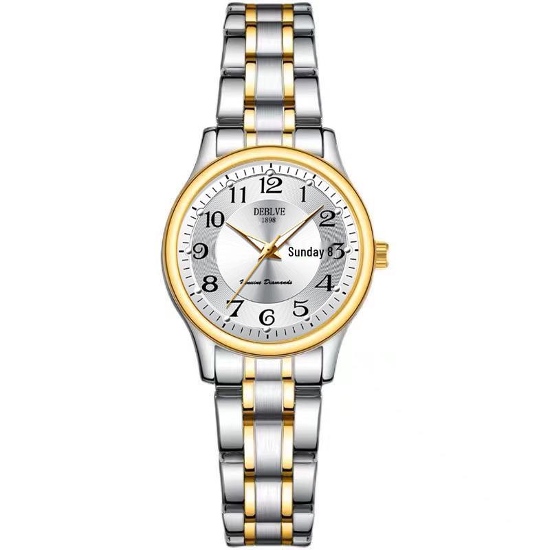 Montre à Quartz pour Femmes Ultra-Fine à Bracelet en Acier Double Calendrier Lumineuse Étanche Numérique Style Coréen