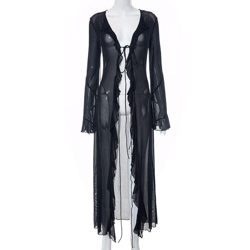 

Outfitgirl European and American Sexy Gauzy Cardigan Ruffles Beach Dress Swimsuit Blouse Perspective Sun Protection Shirt Black S