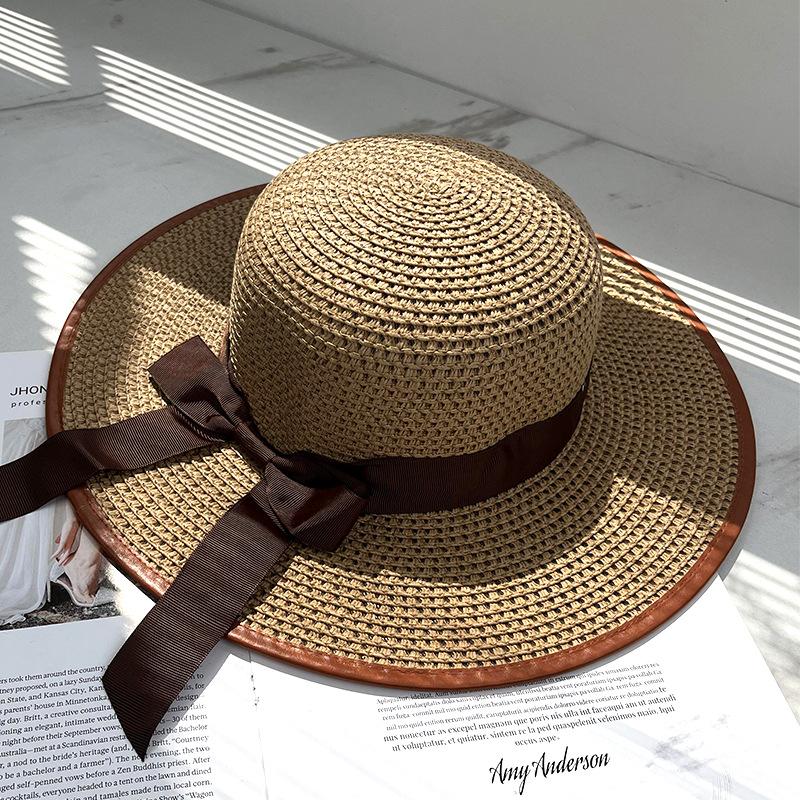 New big brim straw hat women's summer sunshade versatile bow seaside beach sunscreen straw sunscreen sun hat