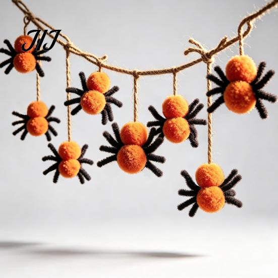 Wall Ornament for Home 78 Inch Halloween Hanging Spider Banner, Mini Black Orange Plush Cute Spooky Party Decorations Pom Garland Party, Fireplace,