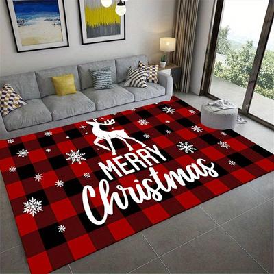 Christmas-Themed Area Rug - 1pc Non-Slip Polyester Floor Mat with Red and Black Plaid, Snowflakes, and Reindeer Patterns - Durab