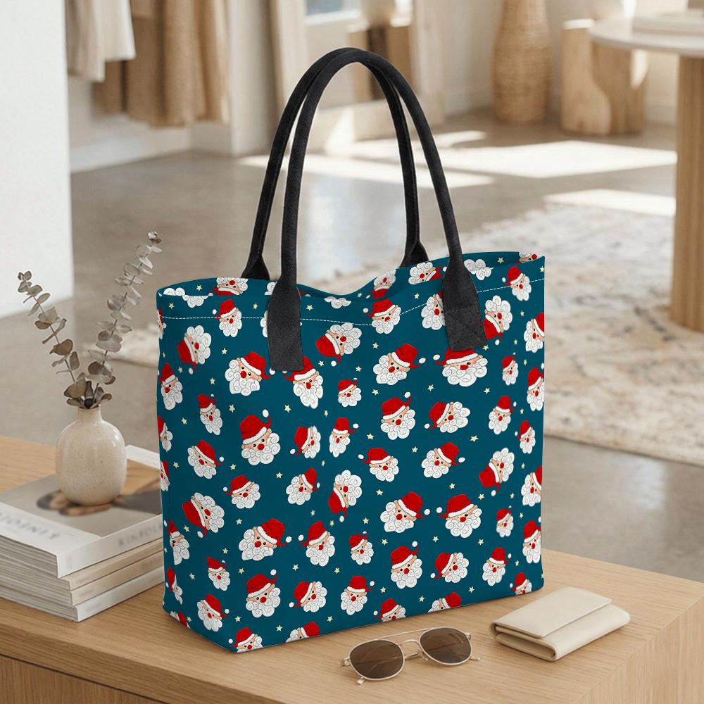 Christmas Santa Printed Canvas Tote Bag Large Capacity Casual Shoulder Handbag for Daily Use