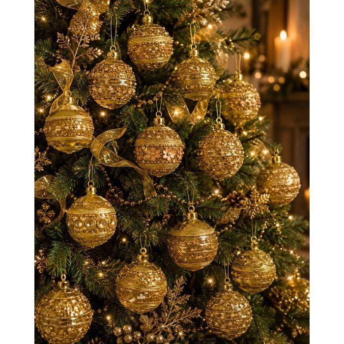 Set de 6 boules de Noël décorées – Sequins, strass et perles