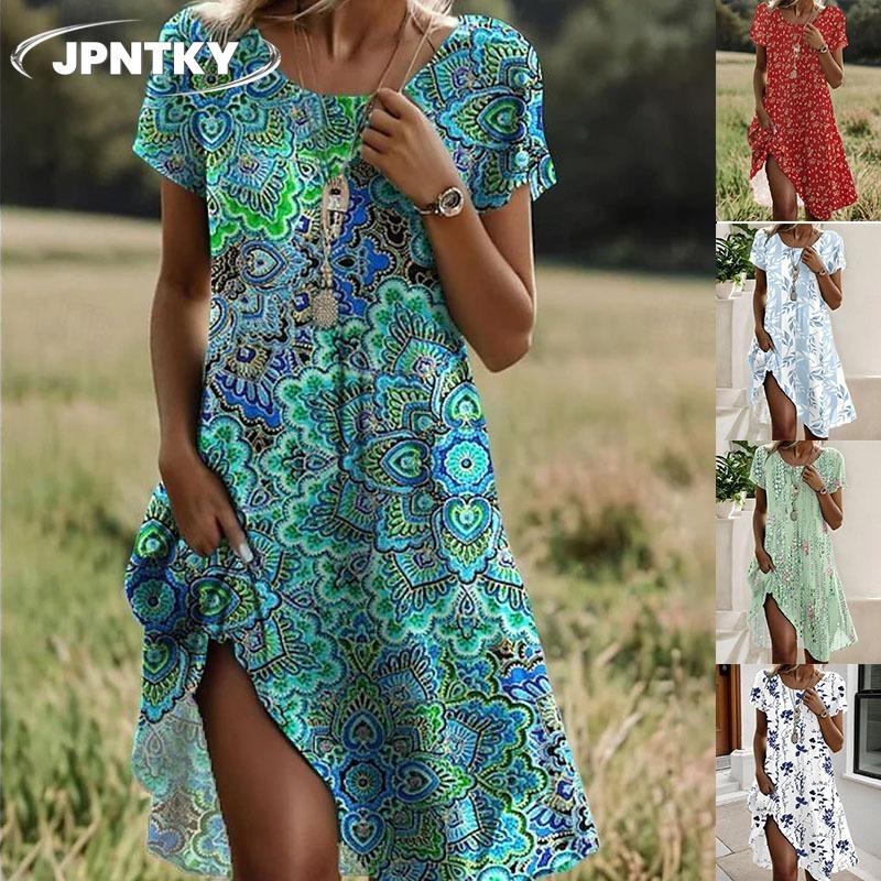 JPNTKY Mode Sommer Frühling Kurzarm Rundhals Freizeitkleider