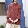 Damen Vintage Jacquard Hemden Oberteile Stehkragen Langarm Frühling Chinesischer Stil Knopf Weiche Blusen