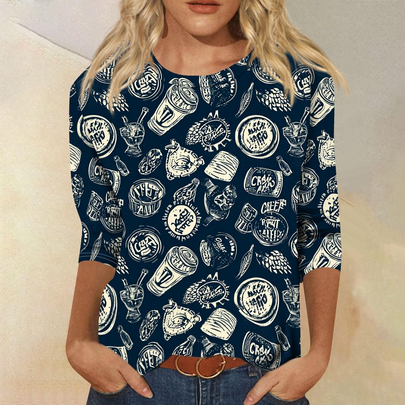 

Womens Casual Crewneck Three Quarter Sleeve Relaxed Fit Printed T Shirt Top with Festival Themed Pattern for Daily Wear M синий