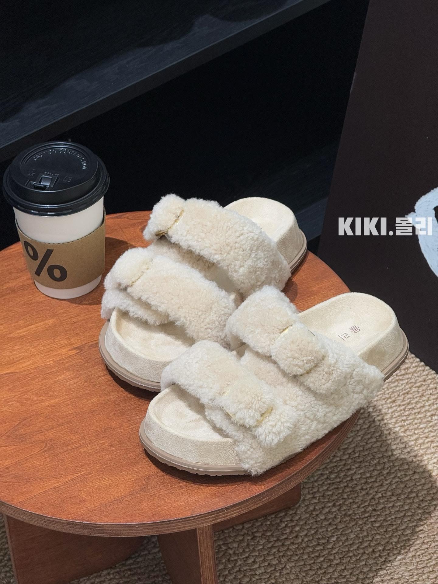 

Korean version of gray fluffy slippers women s models in early autumn 2025 new thick-bottomed piled outer wear plush Birkencotton slippers 35