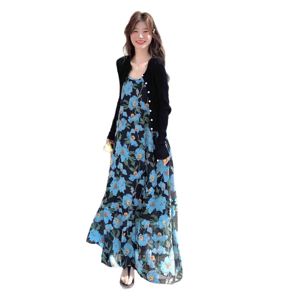 Blue Floral Strappy Chiffon Dress - Women's 2026 Summer Elegant Beach Style