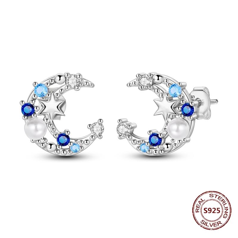 Shining Blue Zircon Owl Earrings 925 Silver Evil Eyes Earrings for Women Wedding Engagement Planet Moon Star Zirconia Jewelry