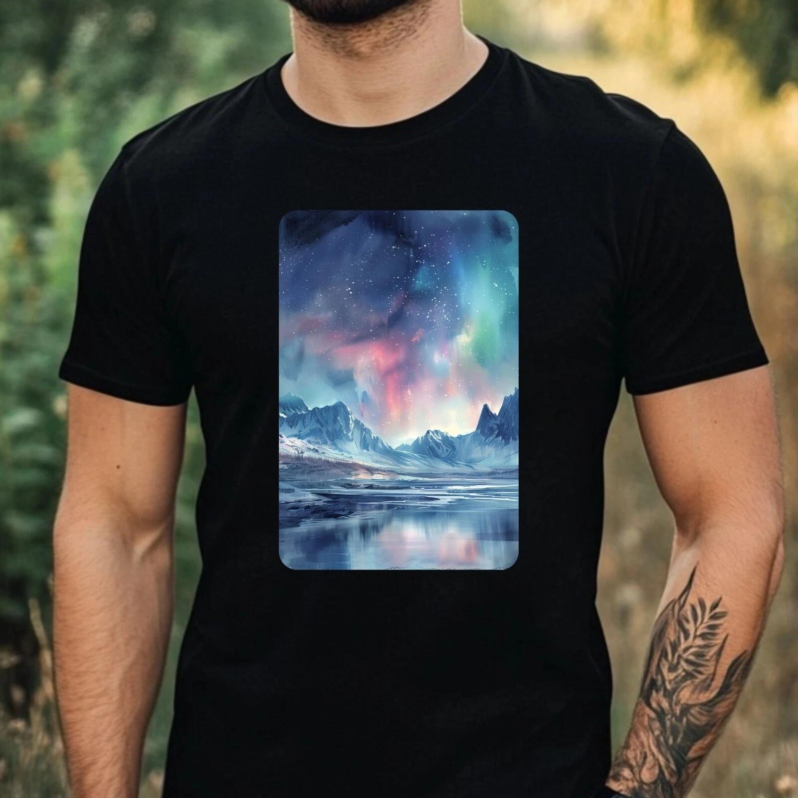 T-Shirt Herren Aquarell Nordlicht Motiv Baumwolle Größe XS bis 5XL XXXXL