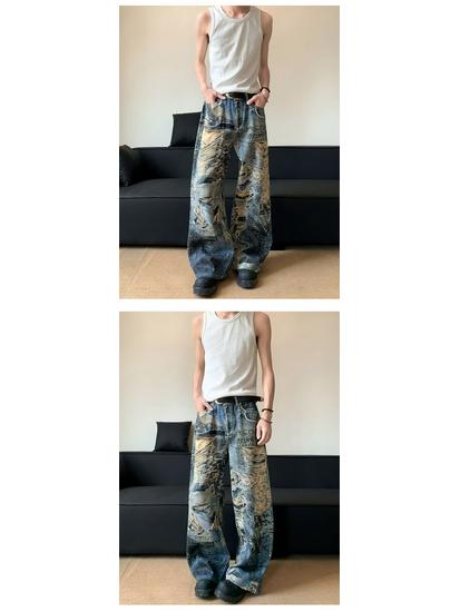 Women's Retro Graffiti Wide Leg Jeans - Casual Distressed Long Pants