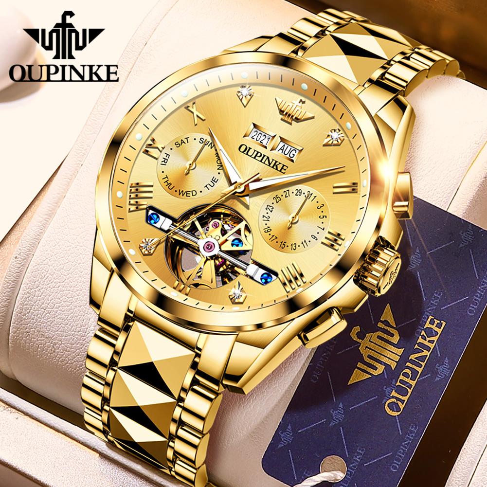 OUPINKE: Orologio Automatico Uomo Lusso Acciaio Tungsteno, Quadrante Scheletrato Con Fasi Lunari E Data
