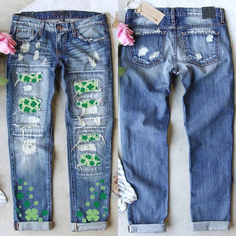 Jeans mit Kleeblatt-Aufnäher und Rissen für Damen, gerade, mittelhoher Bund