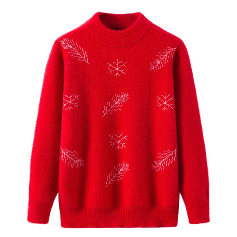 

Женская полувысокая воротниковая осенняя одежда для бабушки, с длинными рукавами, имитация норки, флисовая нижняя рубашка, пуловер для мамы, свитер, толстый топ L красный