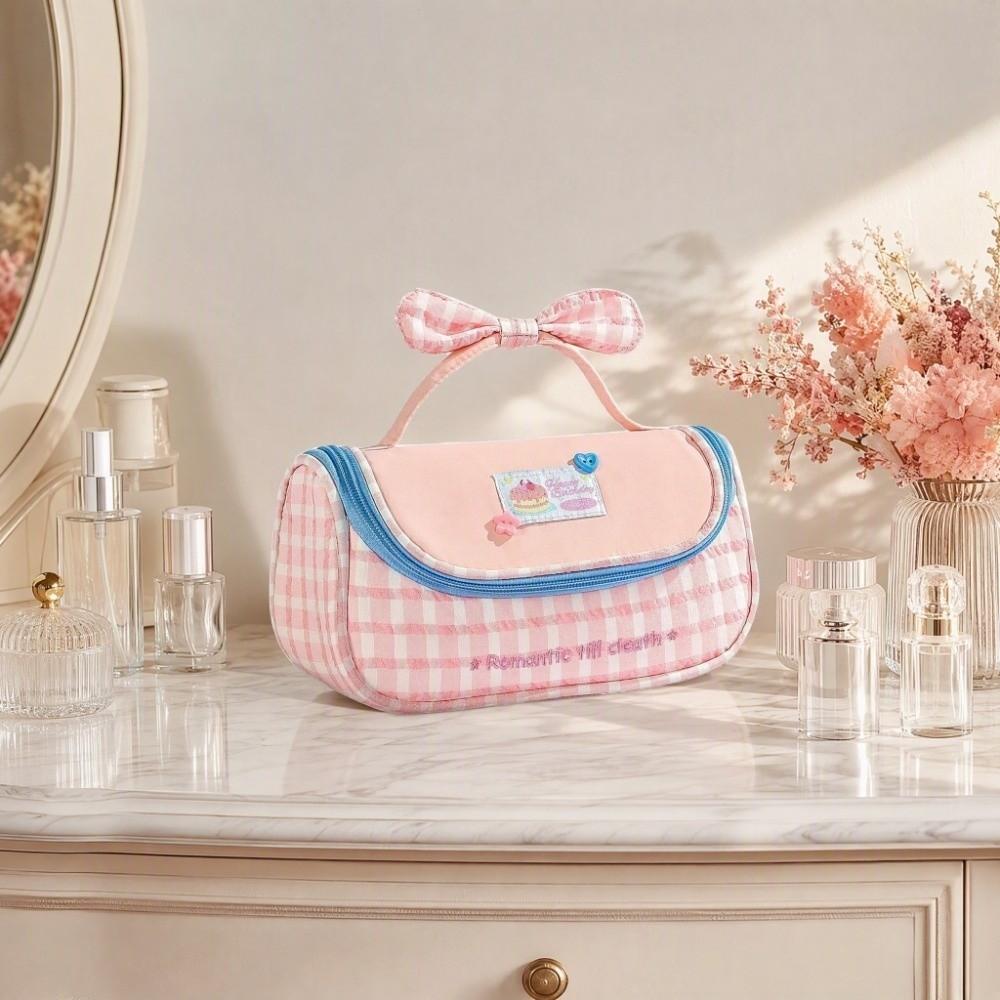 Cake Bowknot Large Bow Pencil Case Plaid Grids Cloth Stationery Bag Kids Children