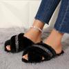 Fashion Fashion Glitter Cross Strap Faux Fur Slides Women 2025 Winter Warm Short Plush Slippers Comfort Non Slip Indoor Furry Slippers