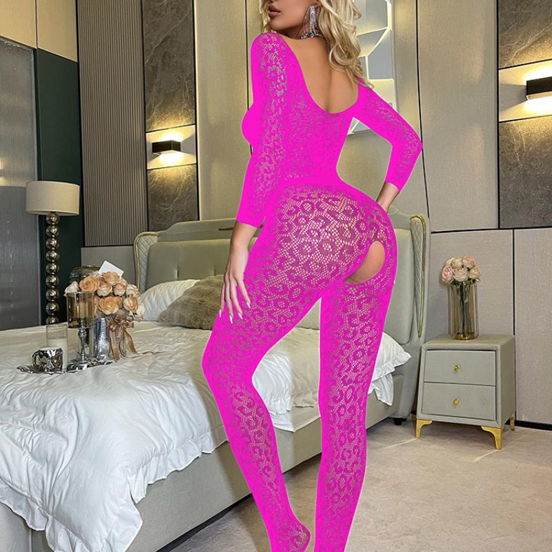 Women Jumpsuit Lingerie Leopard Mesh Bodysuit Long Sleeved Silky Perspective Tights Hollow Night Club Fantasy Erotic Wear