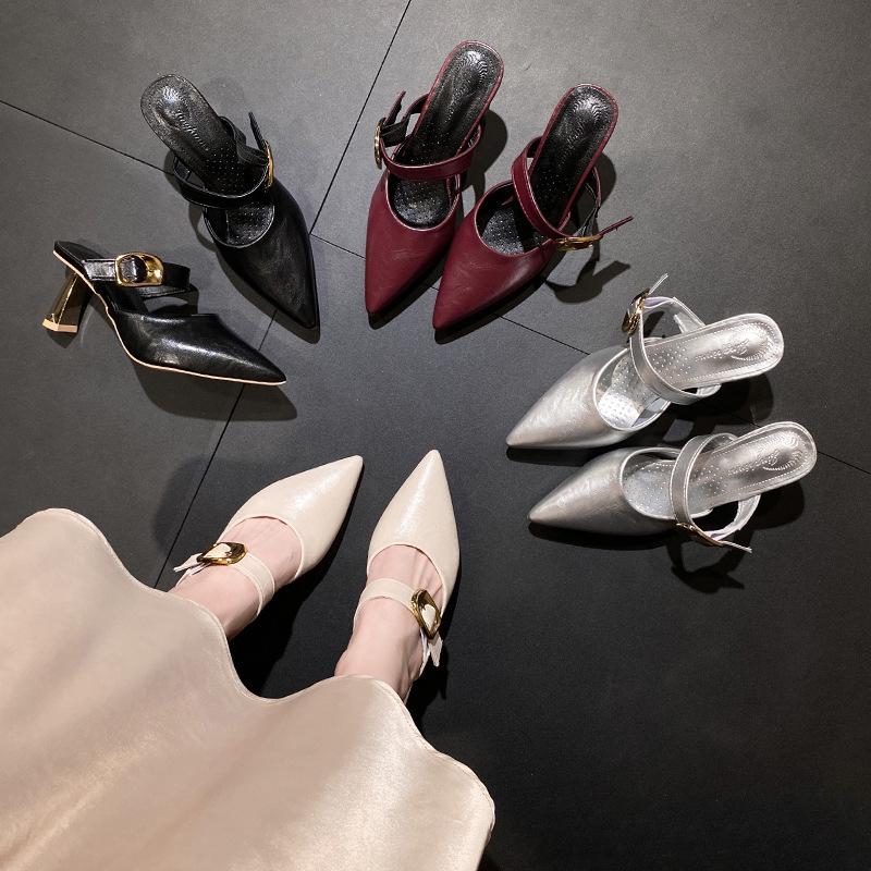 Slippers thin heel sandals pointed head sexy high heel 2025 women's French Mueller temperament spring and summer bag head new half slippers