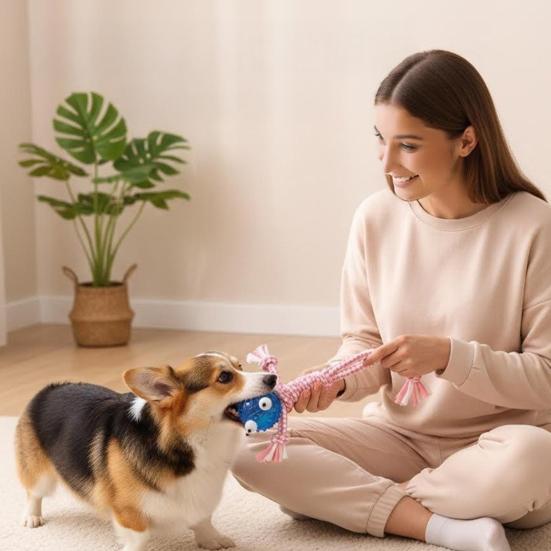 Dog Rope Chew Toy Squeaky Spiky Ball Cotton Rope Puppy Teething Toy Interactive Tug-of-War Toy Toy for Small And Medium Dogs Teeth Cleaning