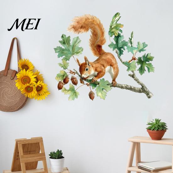 Decorative Glass Stickers for Windows Watercolor Squirrel Wall Sticker, Cute Tree Branch Decal, Easy To Apply Forest Animal Mural Art Living